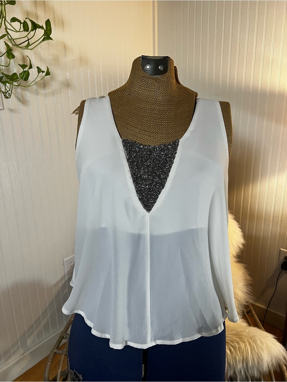 Chiffon V‑Neck Sleeveless beaded Tank Top — White